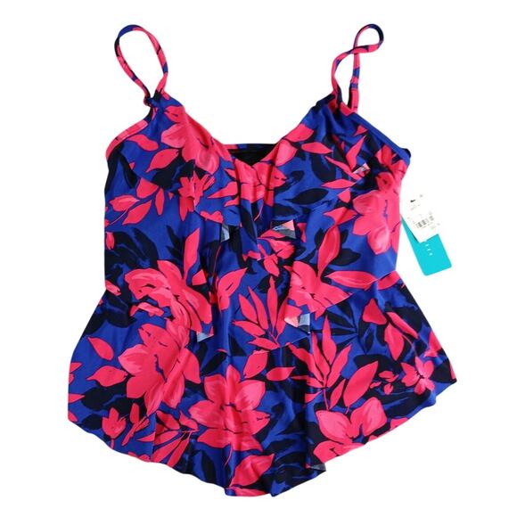 Aqua Green Swimsuit Womens Medium Pink Padded V Neck Floral Tankini Top NWT - Picture 1 of 9